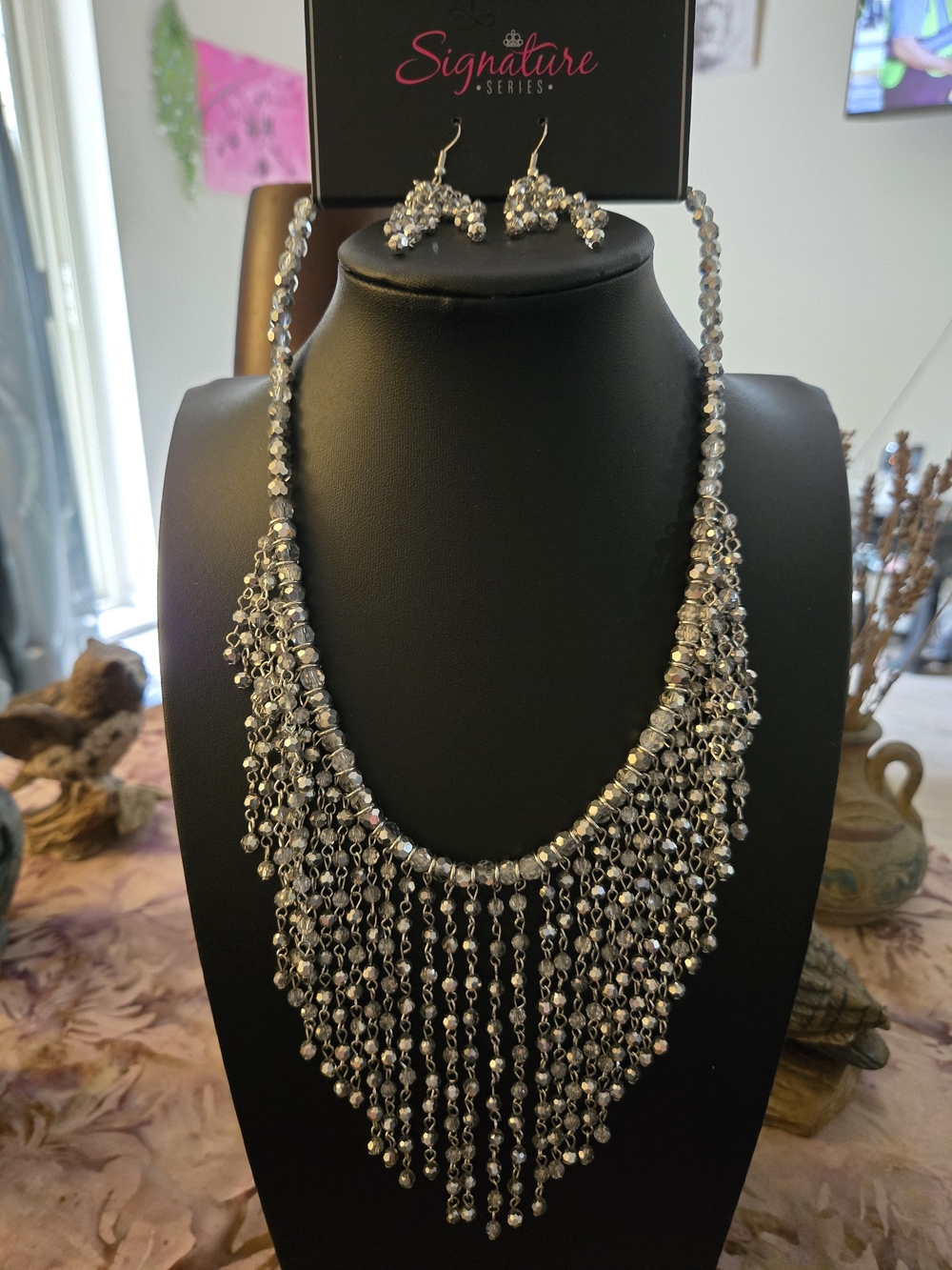 Silver Beaded Fringe Necklace & Earrings Set